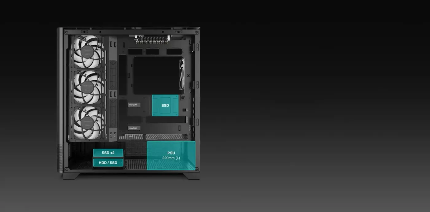 Drive mounting trays and power supply bay inside the Gamdias Atlas P2
