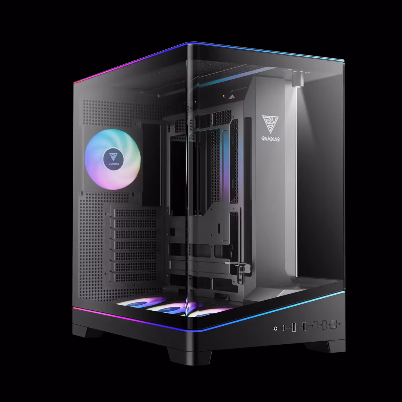 Black GAMDIAS ATLAS P6 CG with curved glass, lit bottom fans and ARGB strips on the top and bottom edges