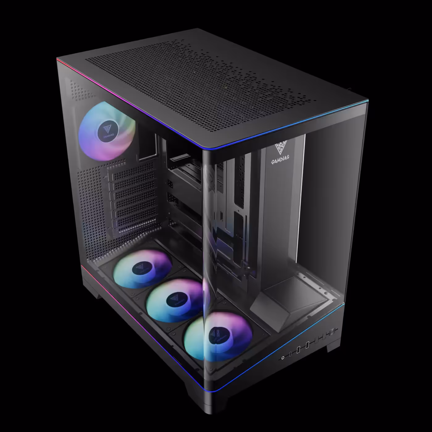 Top view of the black GAMDIAS ATLAS P6 CG showing the perforated top panel and three bottom fans