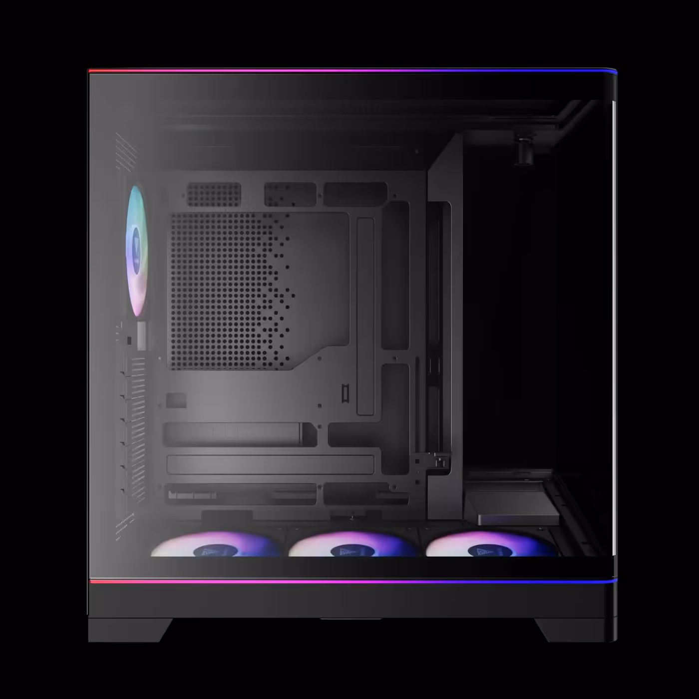 Left side view of the black GAMDIAS ATLAS P6 CG with three lit bottom fans and the rear fan