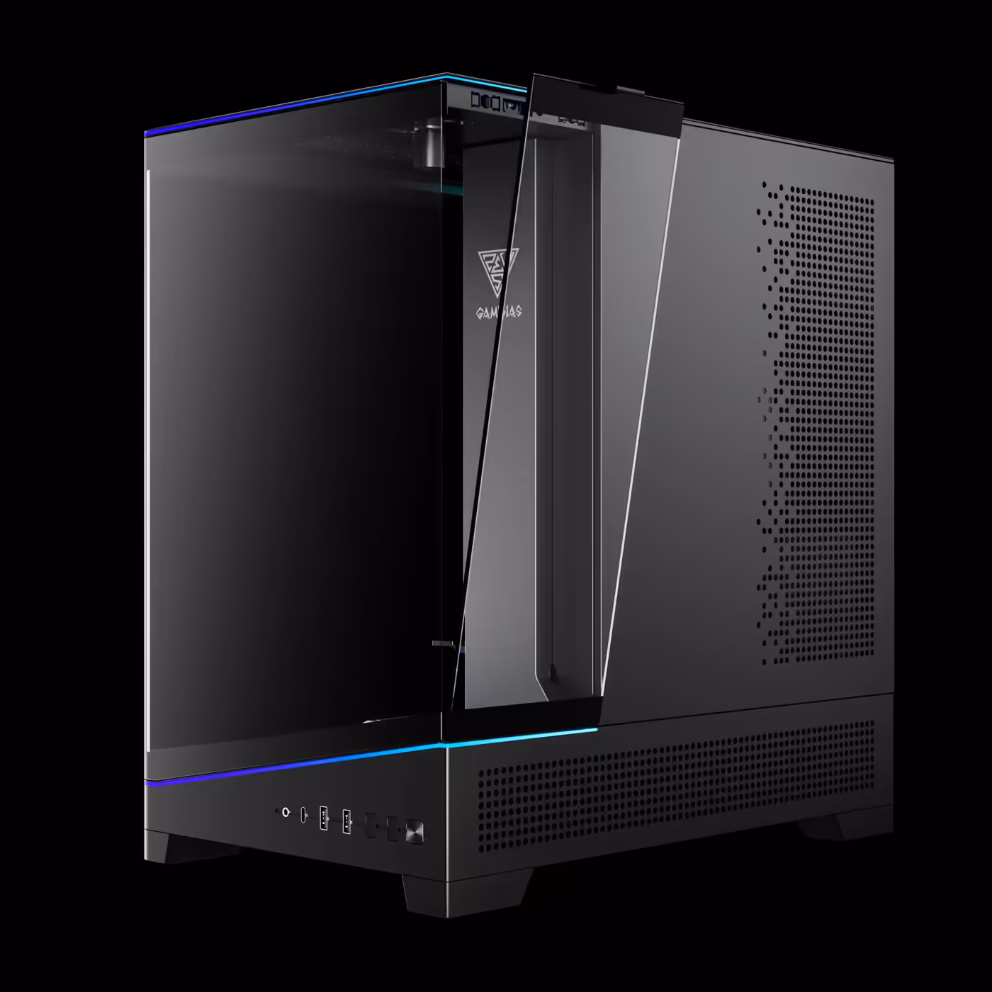 Right side of the black GAMDIAS ATLAS P6 CG with a glass panel opened away from the frame