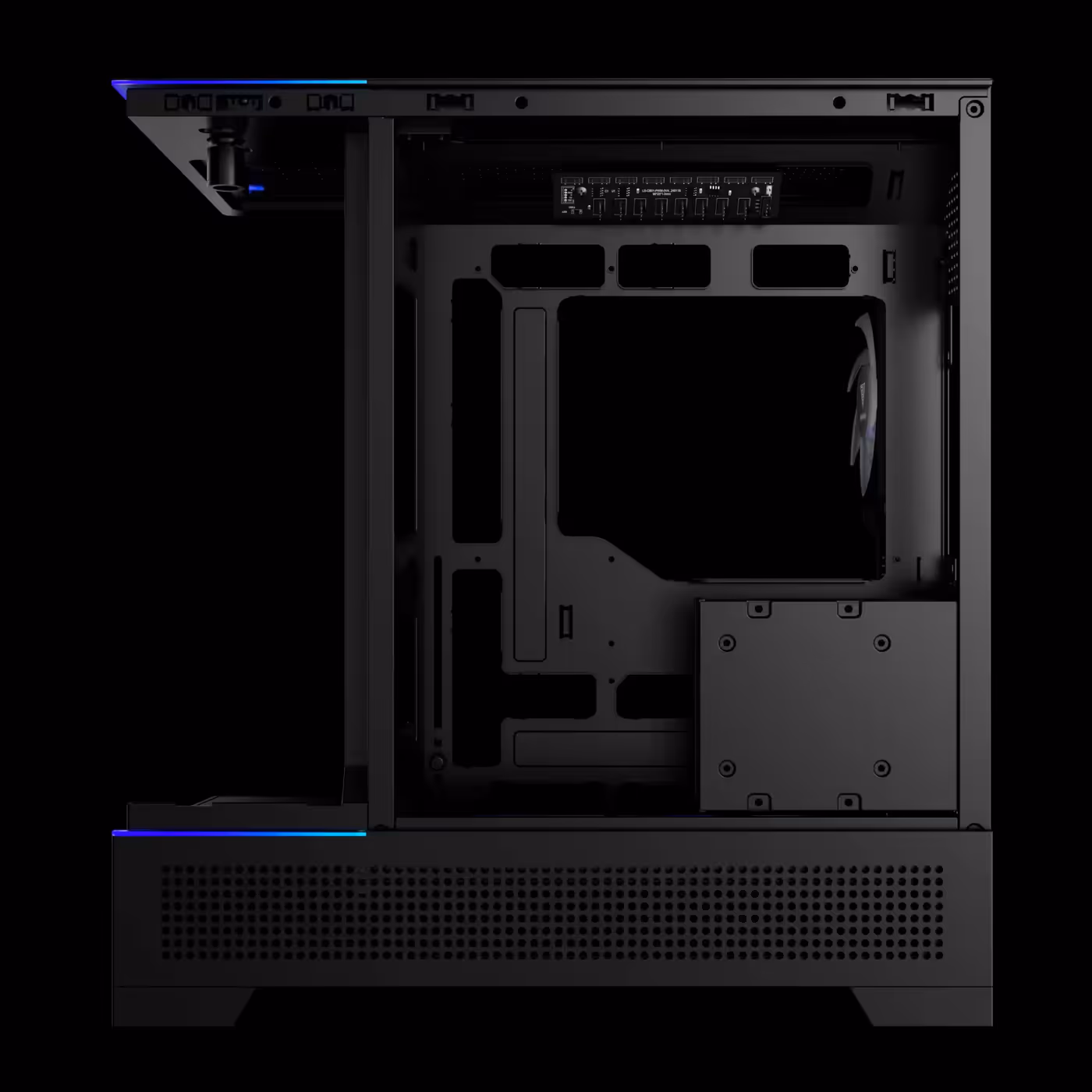 Rear chamber of the black GAMDIAS ATLAS P6 CG with the side panel off, showing the cable space