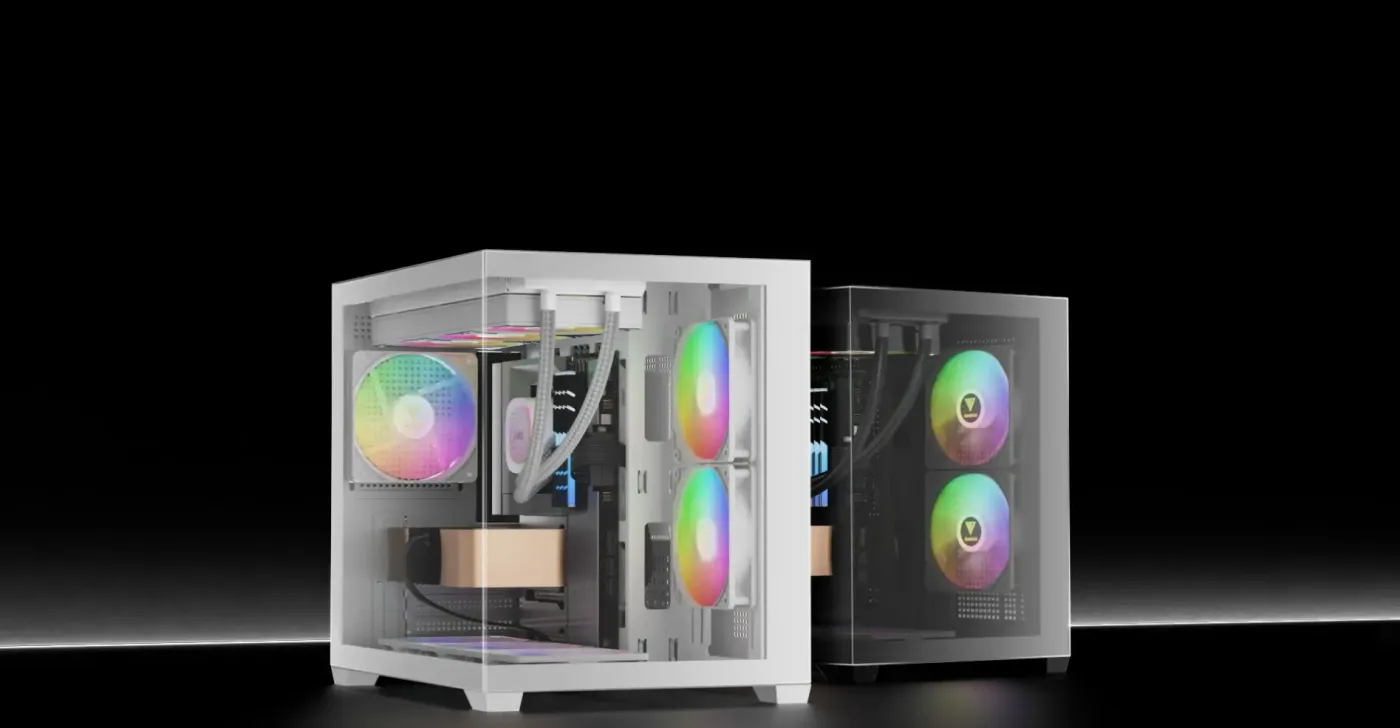 Gamdias AURA GC10M white micro tower case seen from the front with glass panels