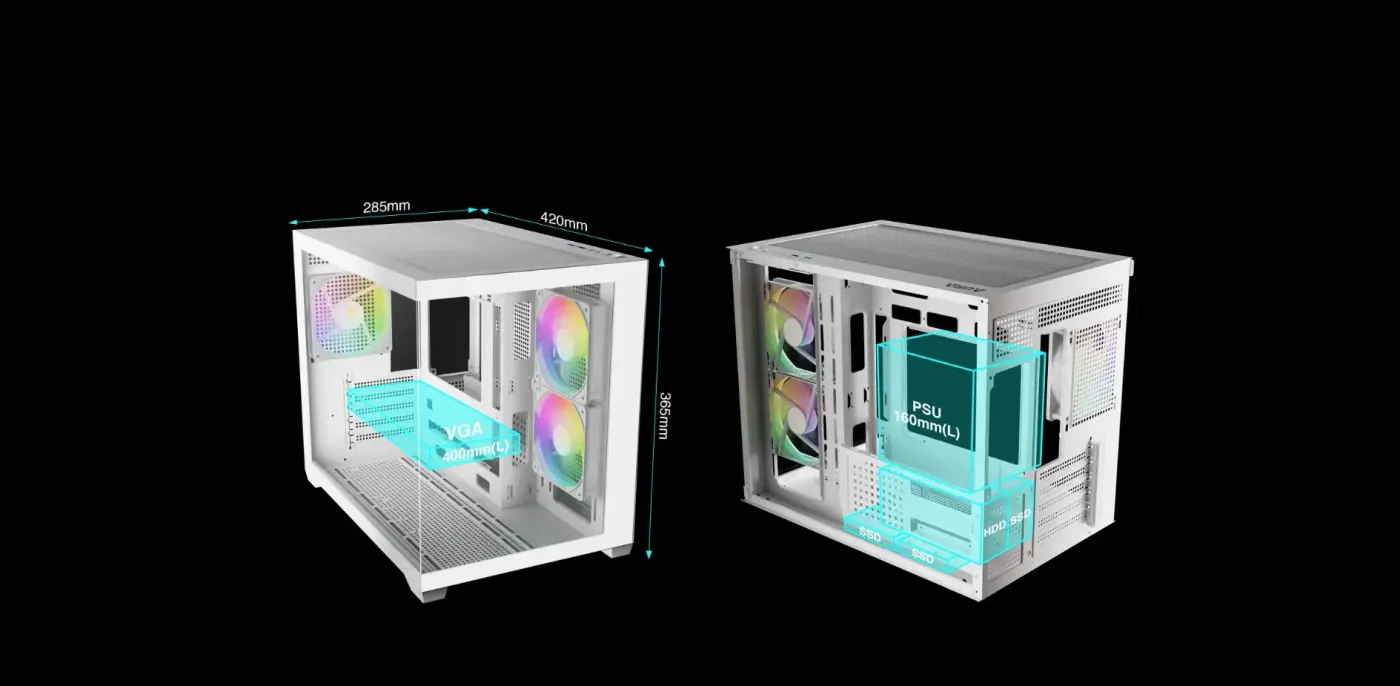 White AURA GC10M interior showing the space available for a long graphics card