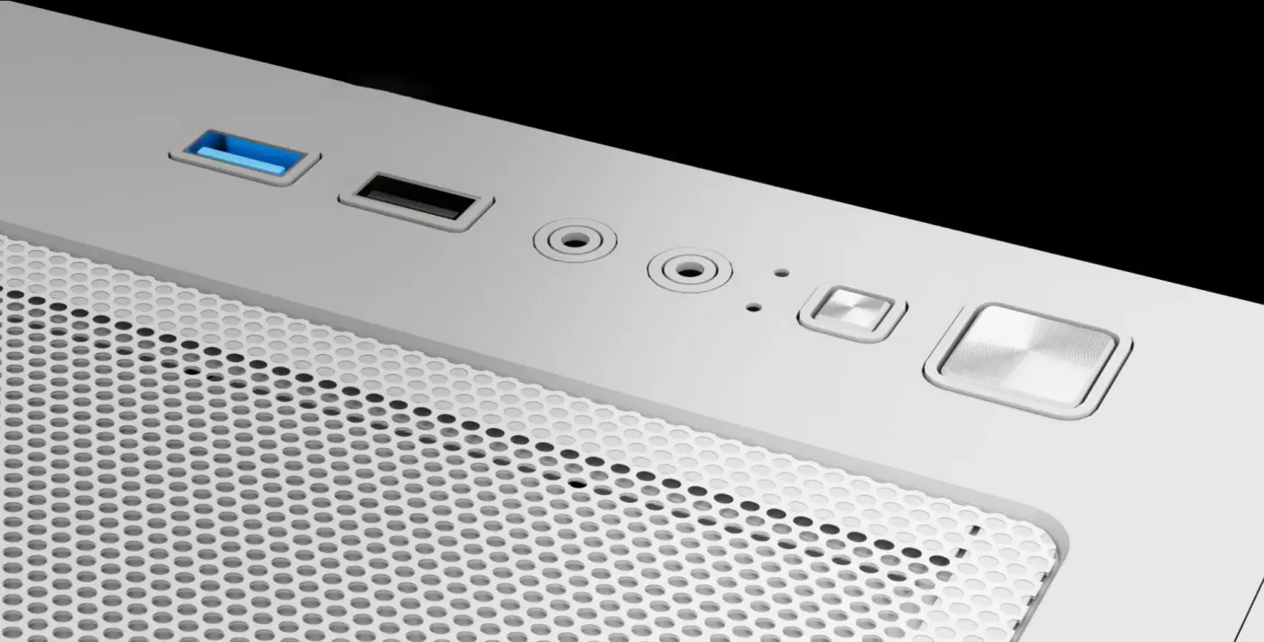 Top-mounted I/O panel on the white AURA GC10M with USB ports and audio jack
