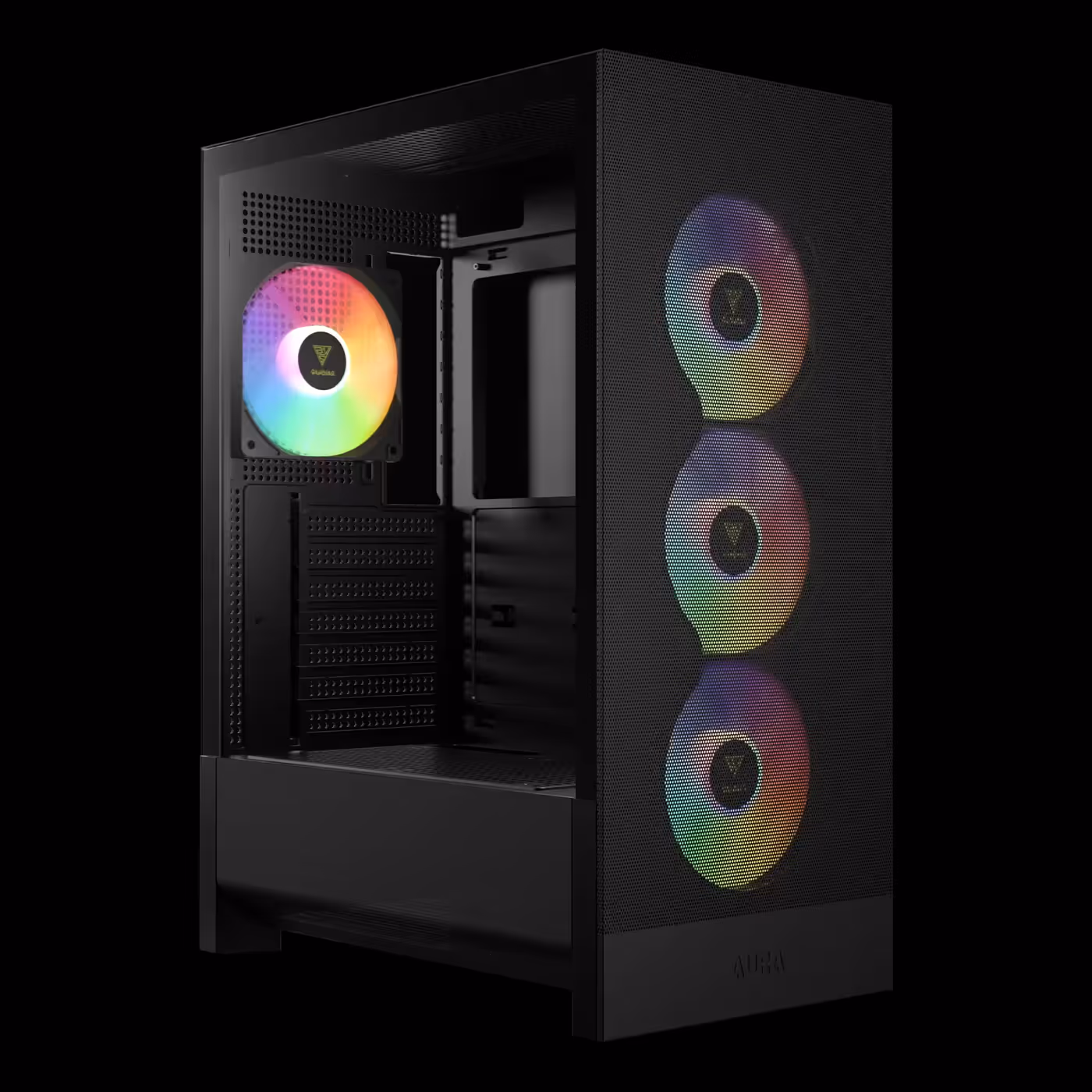 Black GAMDIAS AURA GC15 ARGB three-quarter view with the glass side panel, rear ARGB fan and mesh front