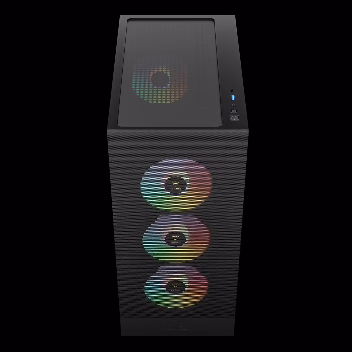 Top view of the black GAMDIAS AURA GC15 ARGB showing the top panel and the I/O ports at the front edge