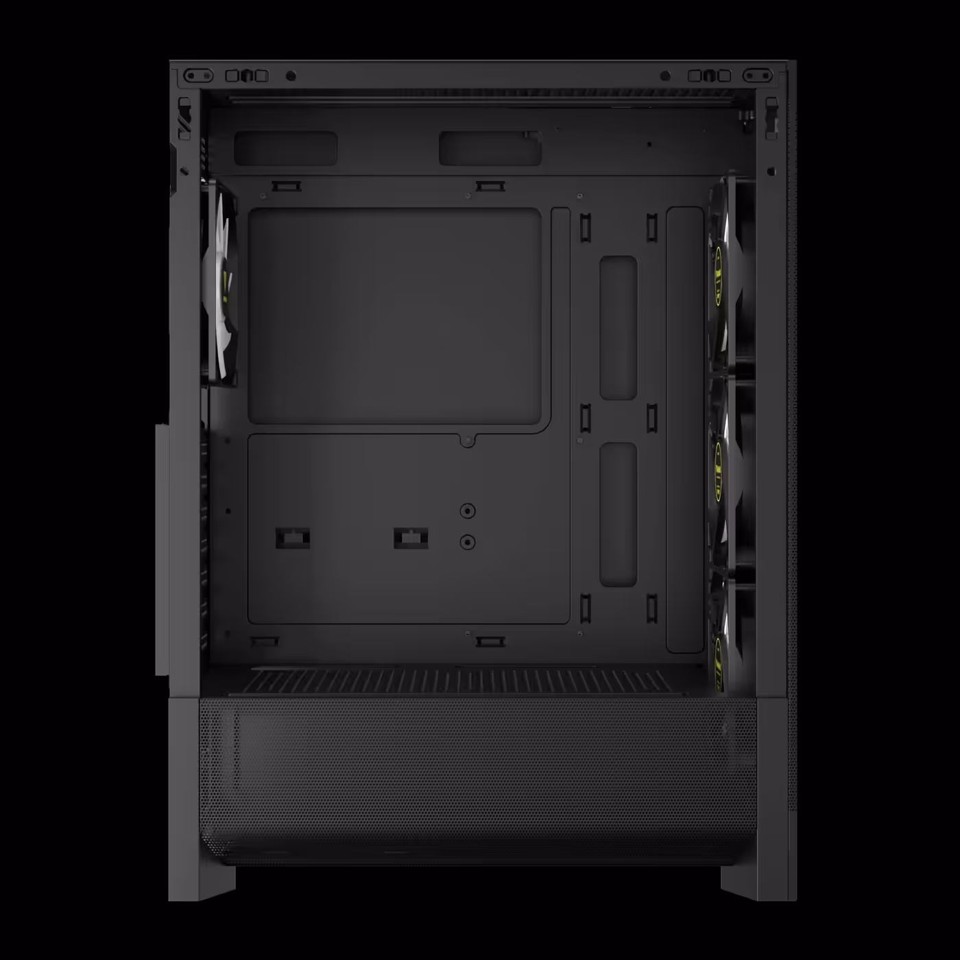 Left side of the empty black GAMDIAS AURA GC15 ARGB with the side panel off, showing the PSU shroud