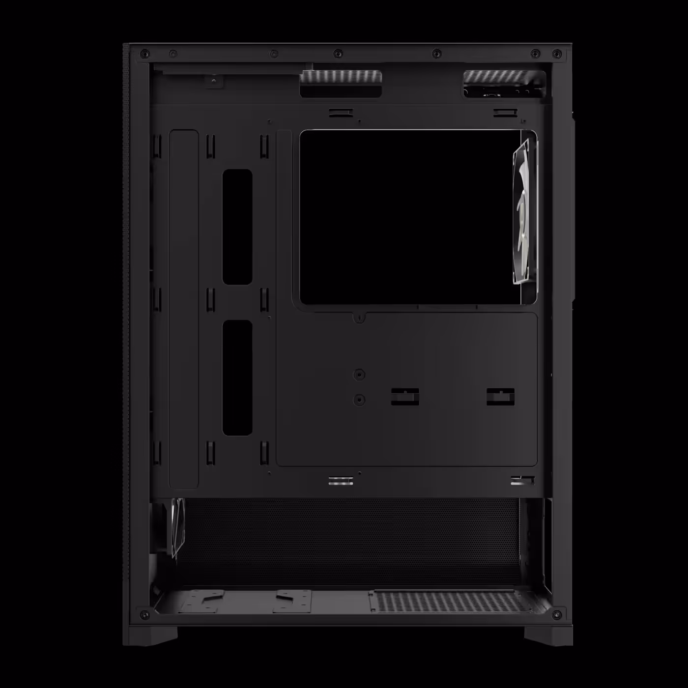Right side of the black GAMDIAS AURA GC15 ARGB with the panel off, showing the back of the motherboard tray