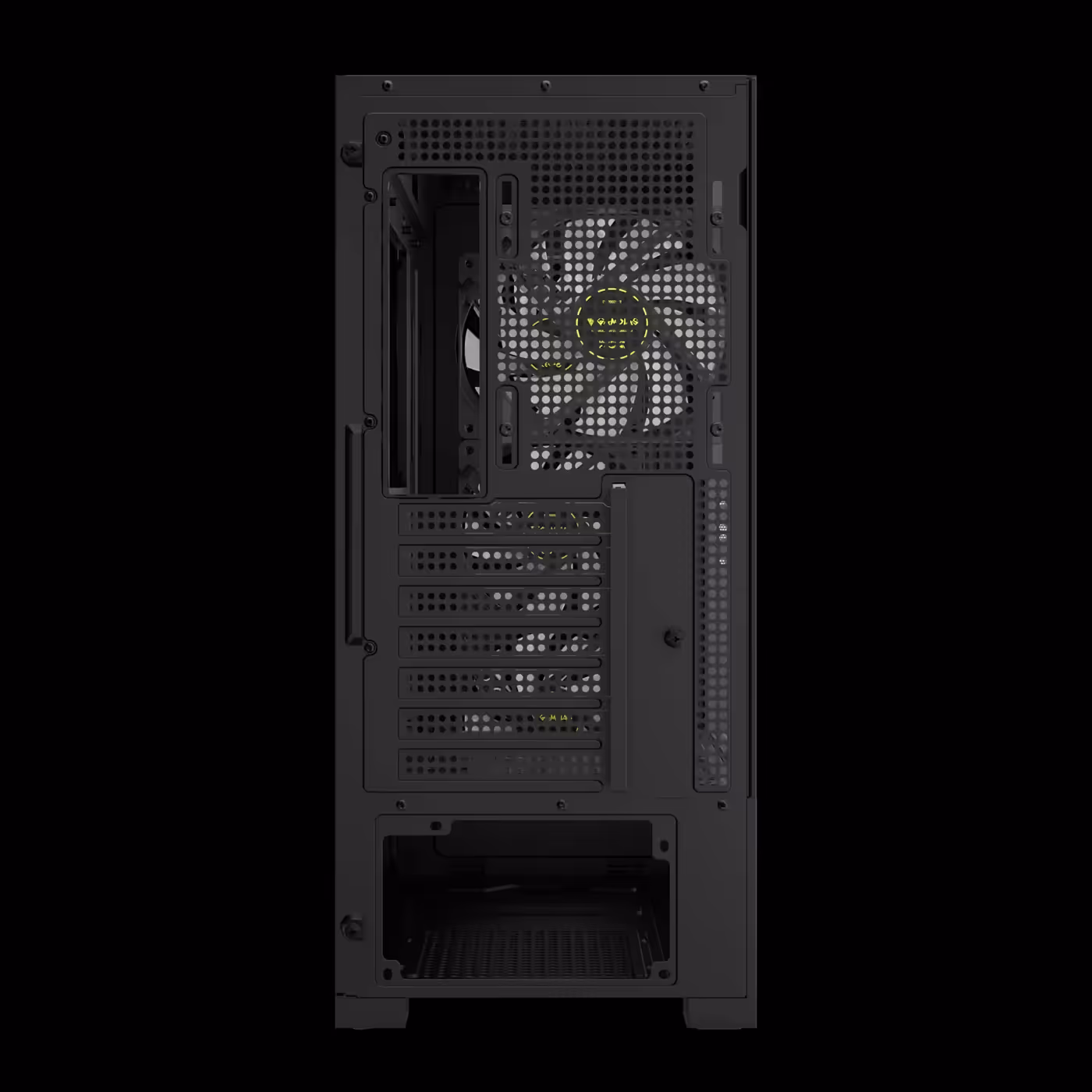 Rear of the black GAMDIAS AURA GC15 ARGB with the rear ARGB fan, 7 expansion slots and the PSU opening