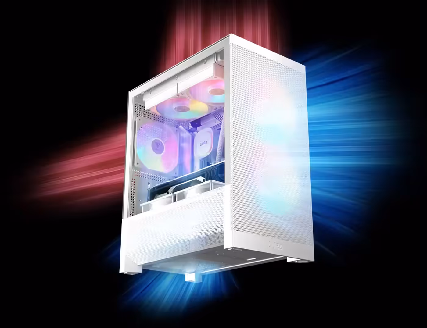 Mesh front panel with integrated ARGB fans enhancing thermals and aesthetics