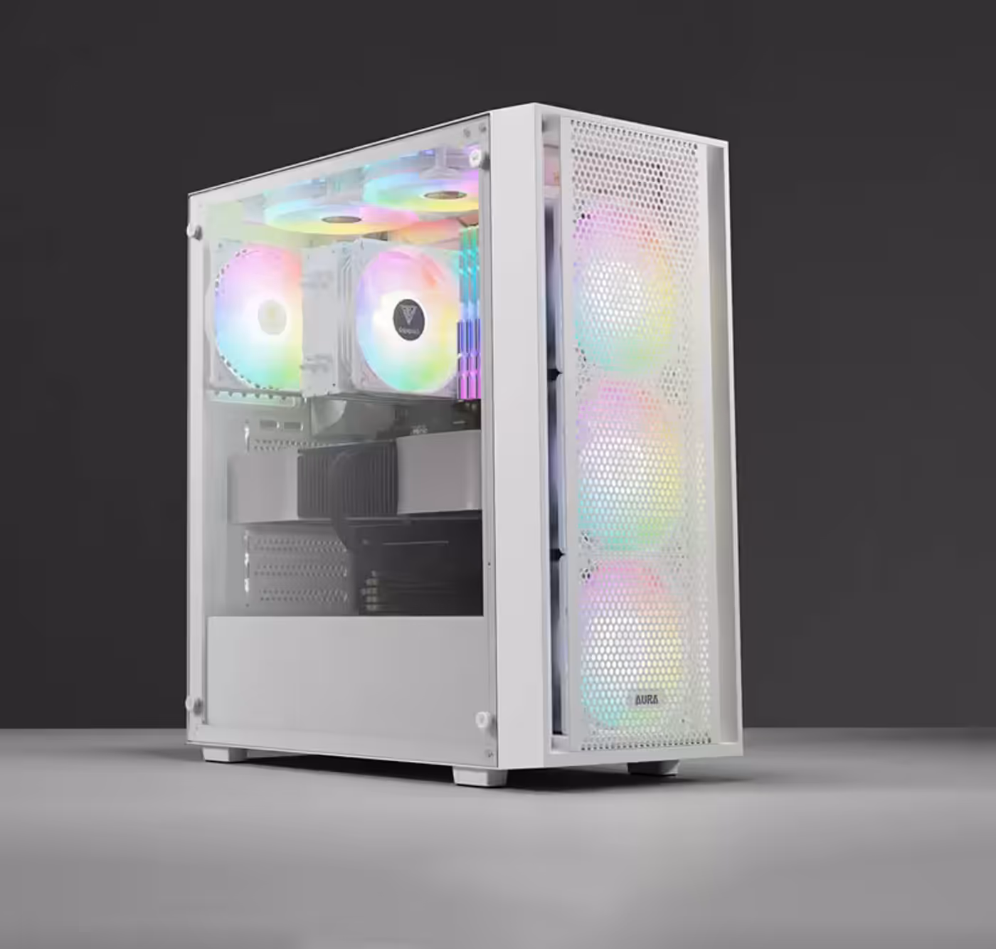 Gamdias Aura GC2 Elite White Gaming Case overview showing exterior design and RGB fans