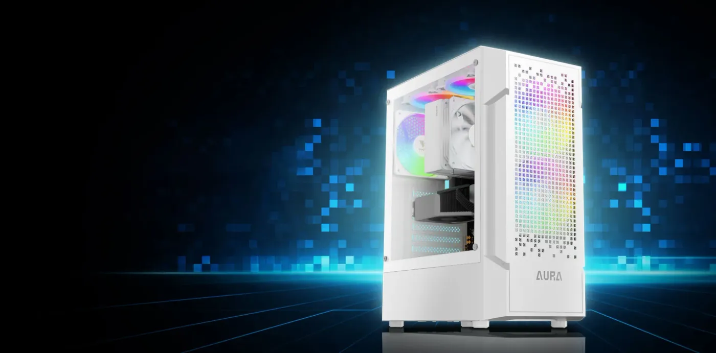 Gamdias AURA GC7 white ATX mid tower case shown from the front corner