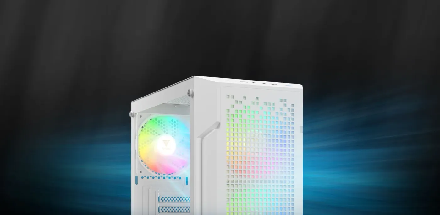 Square-hole perforated front panel of the AURA GC7 with its gradient pattern