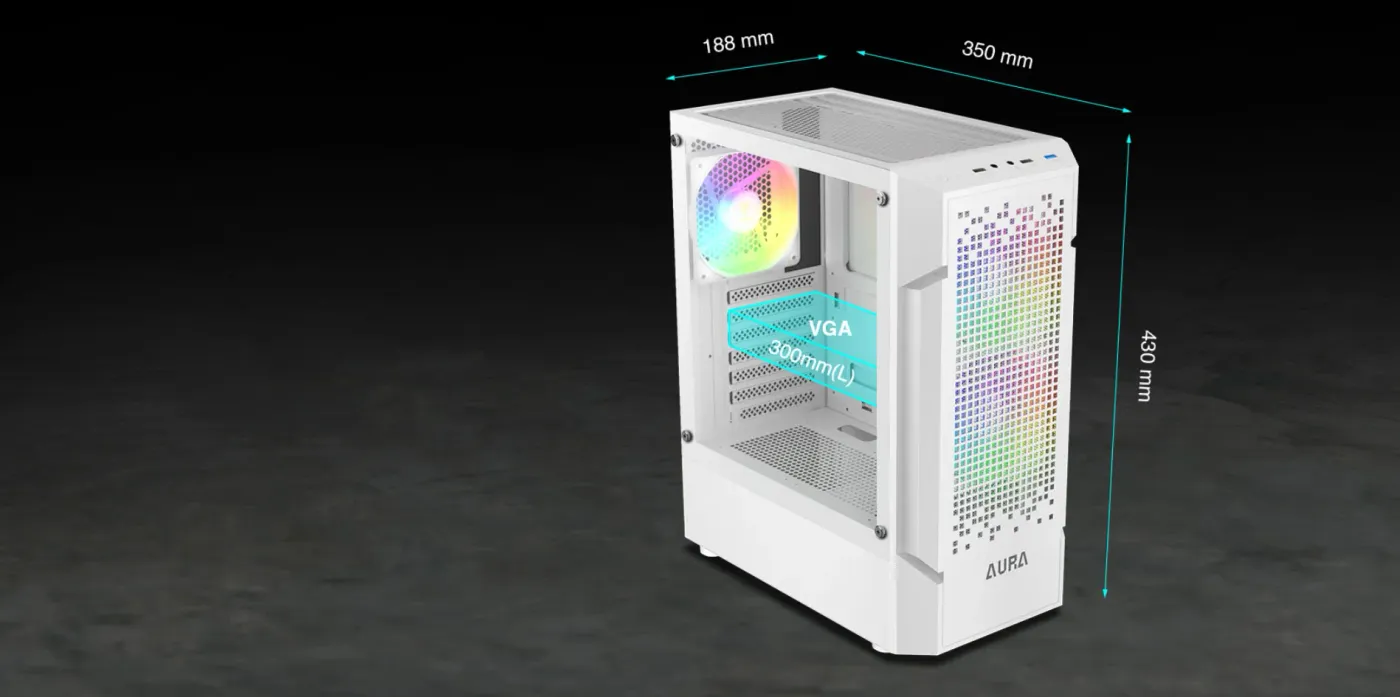 AURA GC7 interior showing the PSU shroud and graphics card clearance