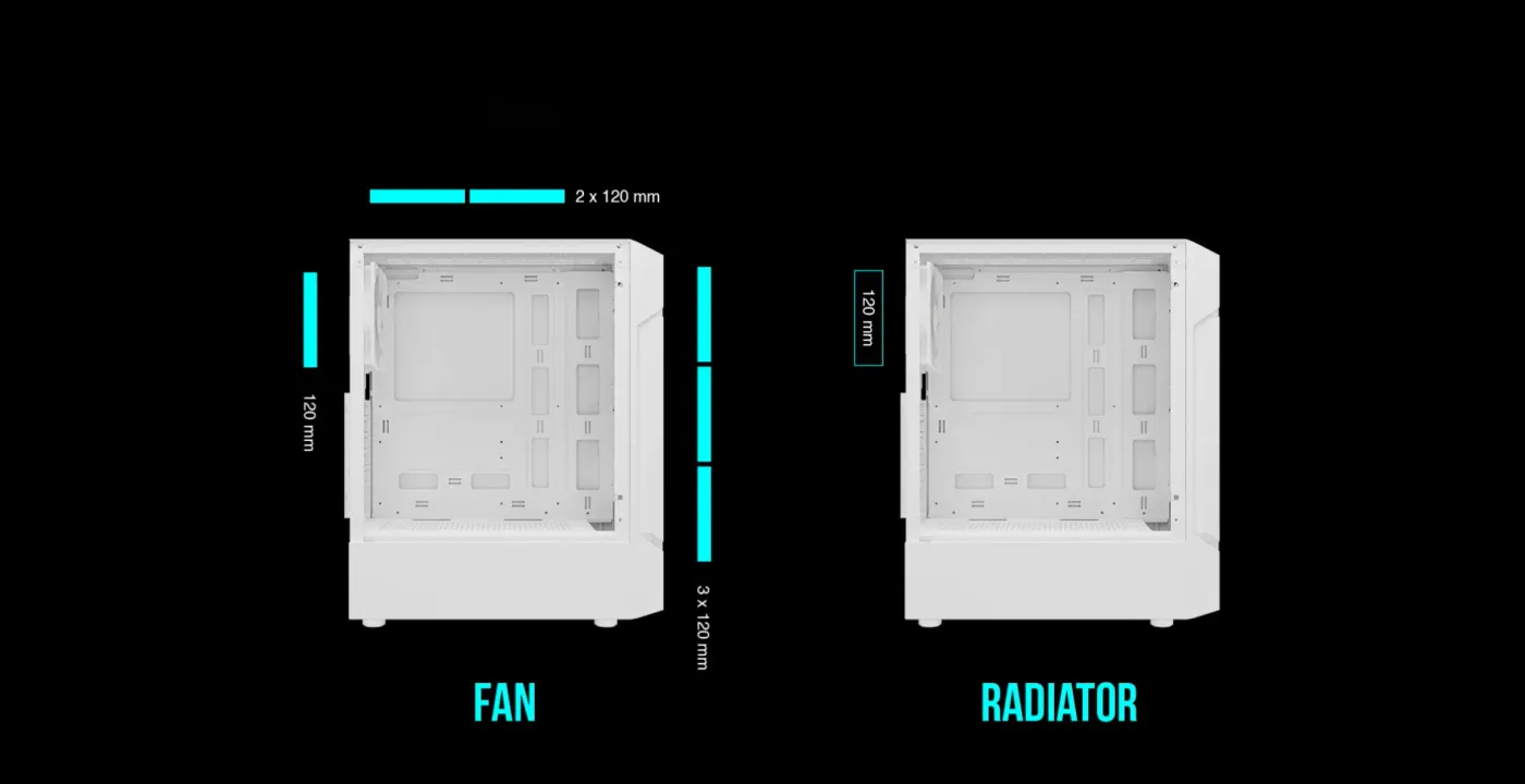 Fan and 120mm rear radiator mounting positions inside the AURA GC7