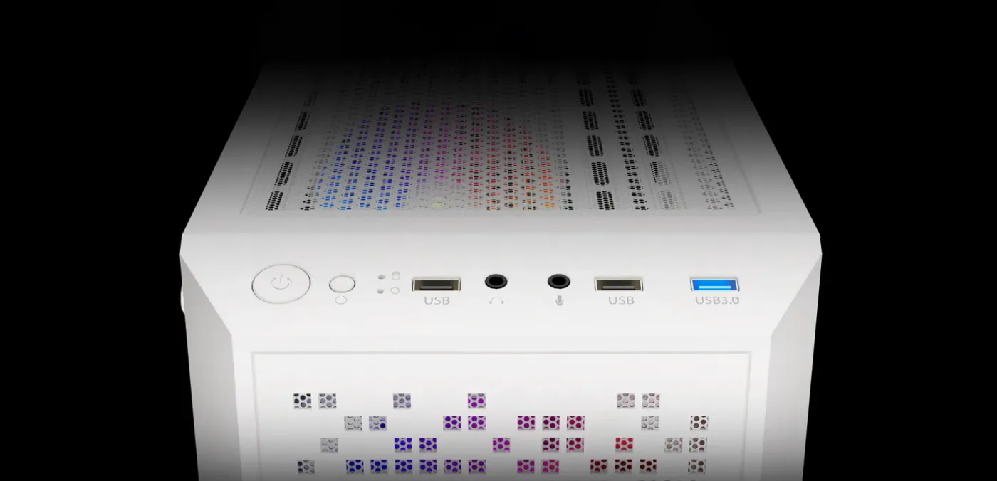 Top front I/O panel of the AURA GC7 with USB ports, audio and LED switch