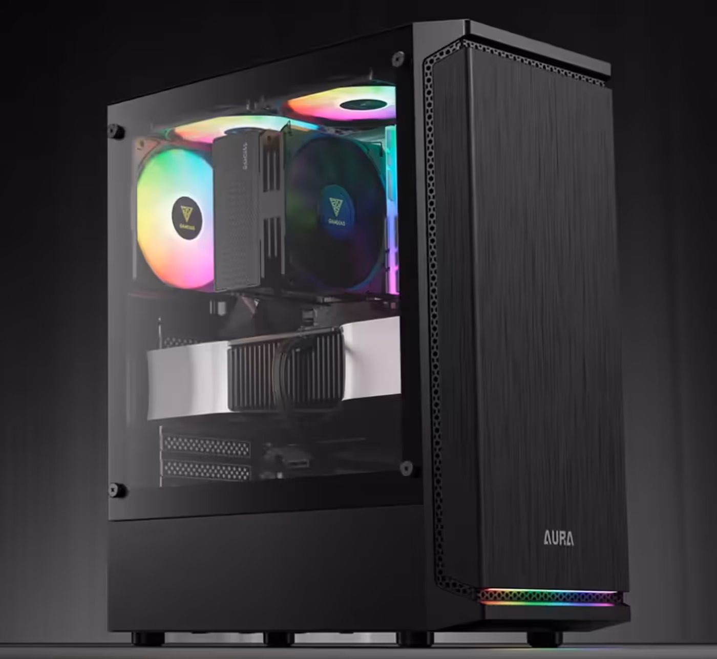 Gamdias Aura GC8 Gaming Case Front View displaying modern RGB mid-tower design