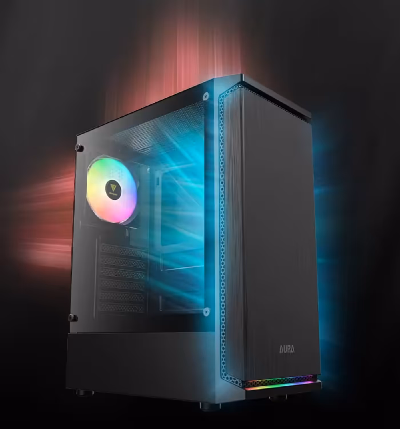 Gamdias Aura GC8 Gaming Case Underglow Effect showcasing stylish front panel illumination