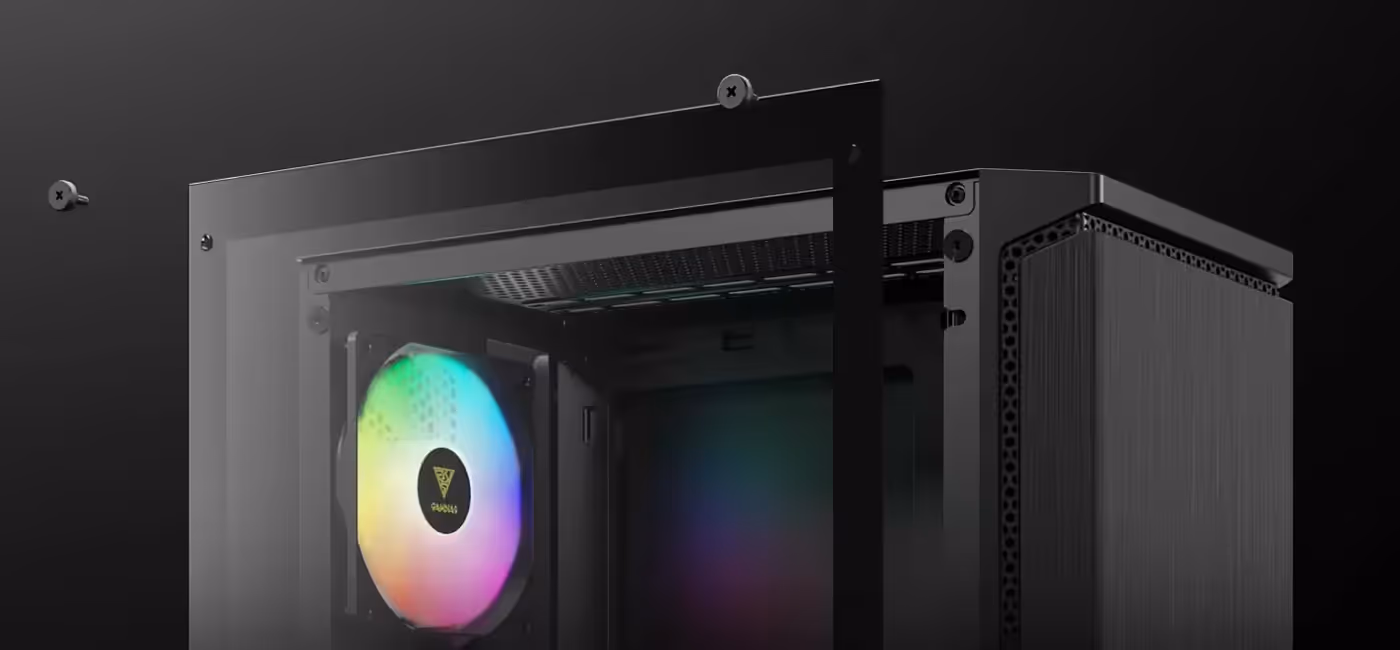 Gamdias Aura GC8 Gaming Case Panoramic Glass offering a clear view of internal components