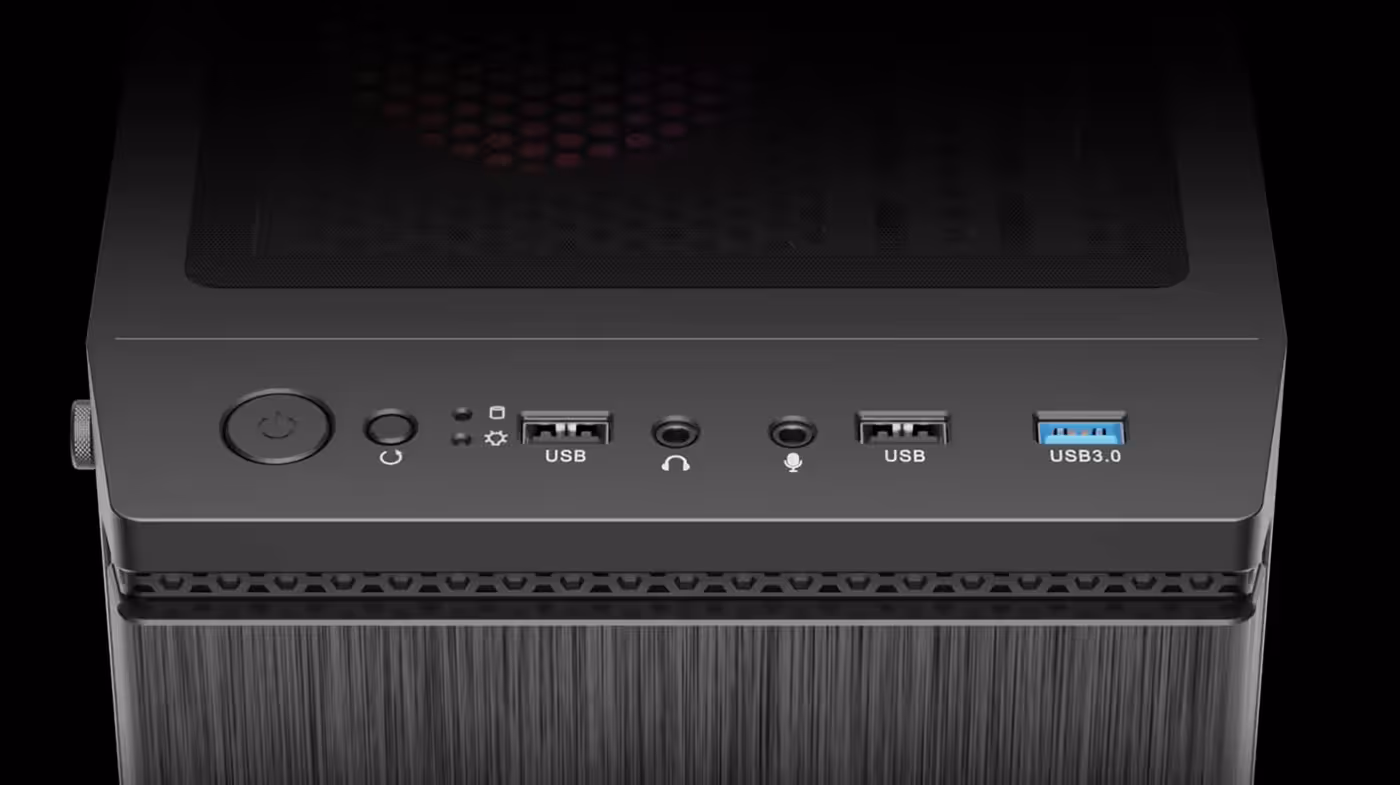 Gamdias Aura GC8 I/O Ports displaying top panel connectivity options