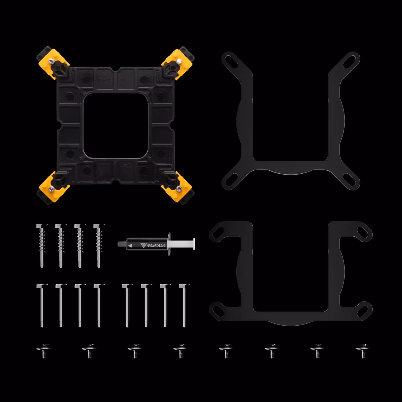Black mounting brackets, screws and a syringe of thermal grease for the AURA GL240 LITE