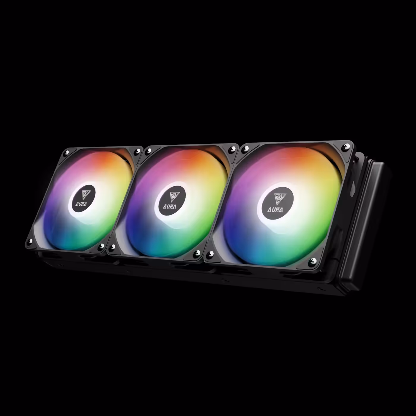 Black AURA GL360 LITE radiator with three lit ARGB fans fitted, angled view