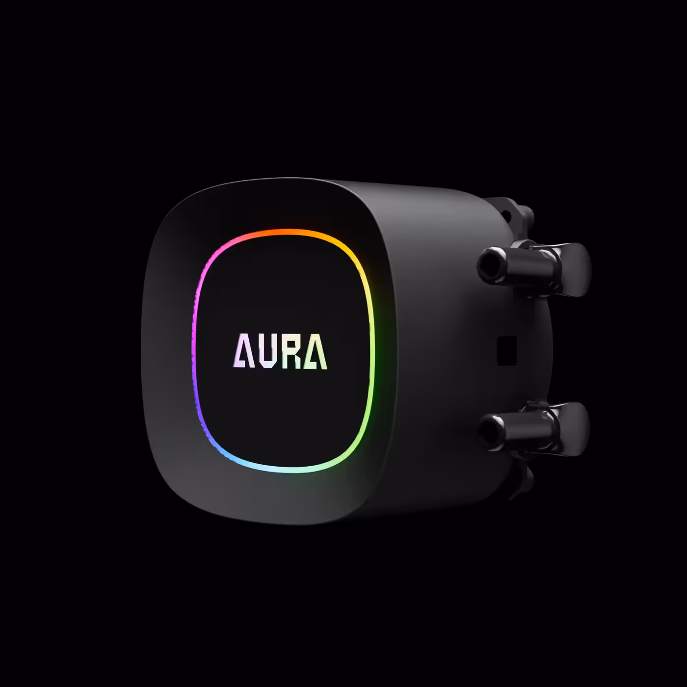Black AURA GL360 LITE pump head lit by an ARGB ring around the AURA logo