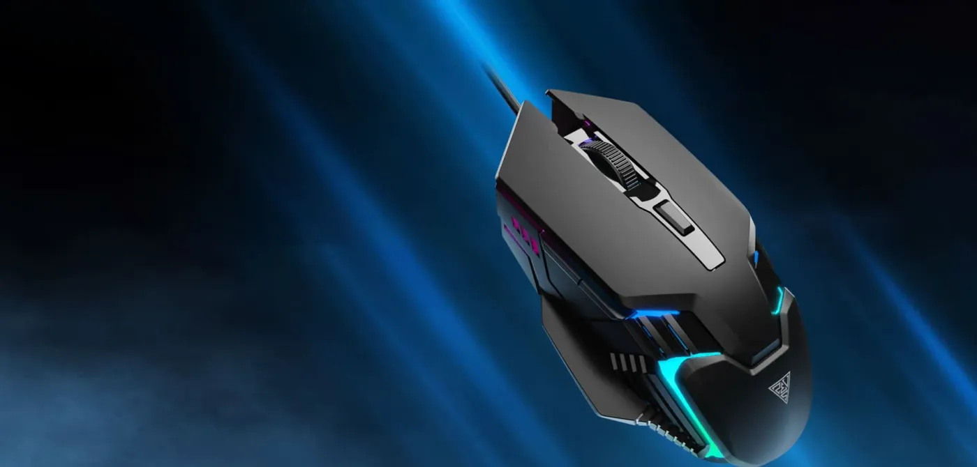 Gamdias AURA GS4 gaming mouse glowing through its 7-colour breathing RGB cycle