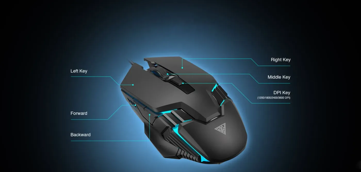 Gamdias AURA GS4 showing its six programmable keys and DPI switch