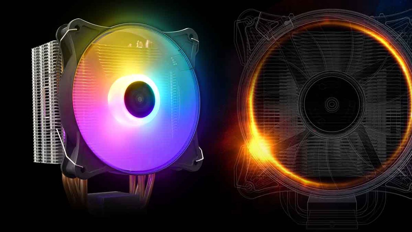 BOREAS E1 410 LITE showing its rainbow RGB LED effect across the fan