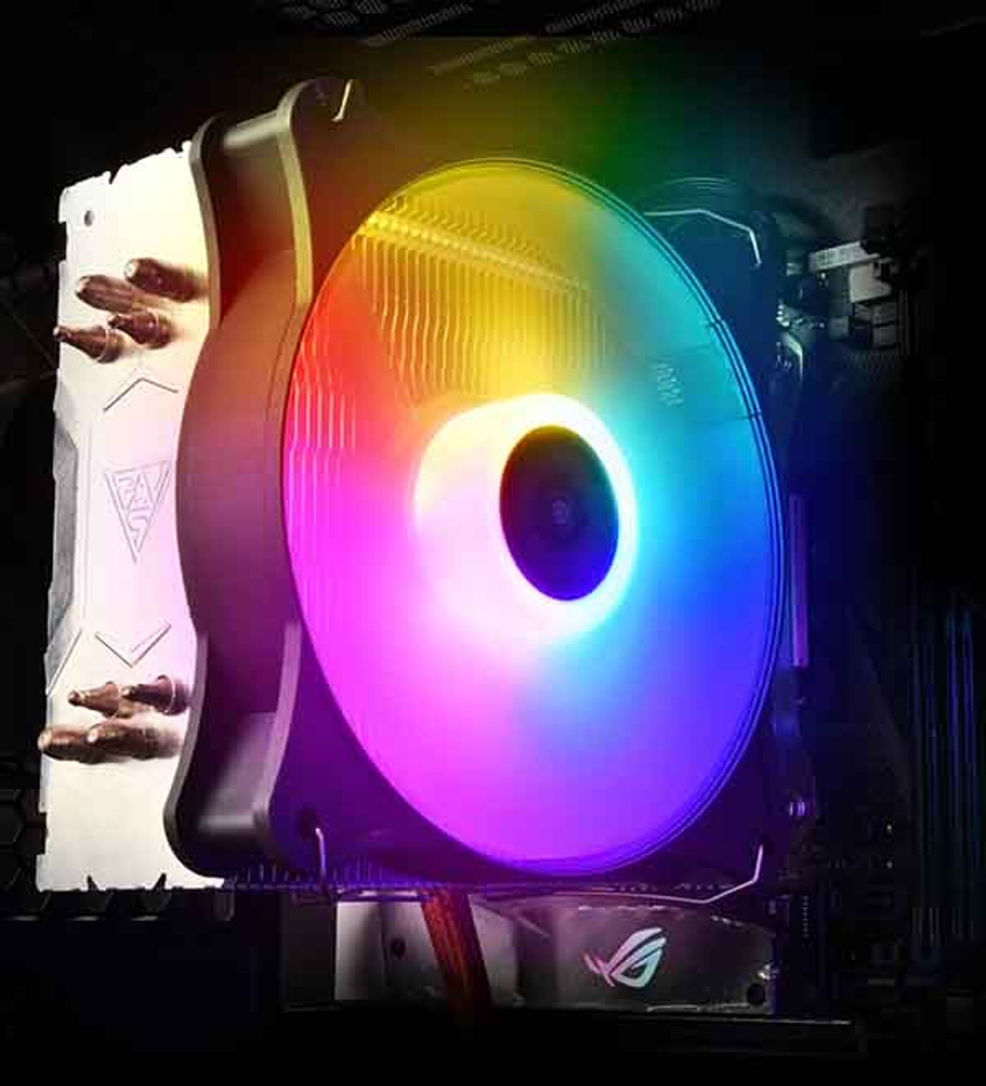 Gamdias BOREAS E1 410 LITE tower CPU air cooler shown with its RGB PWM fan fitted