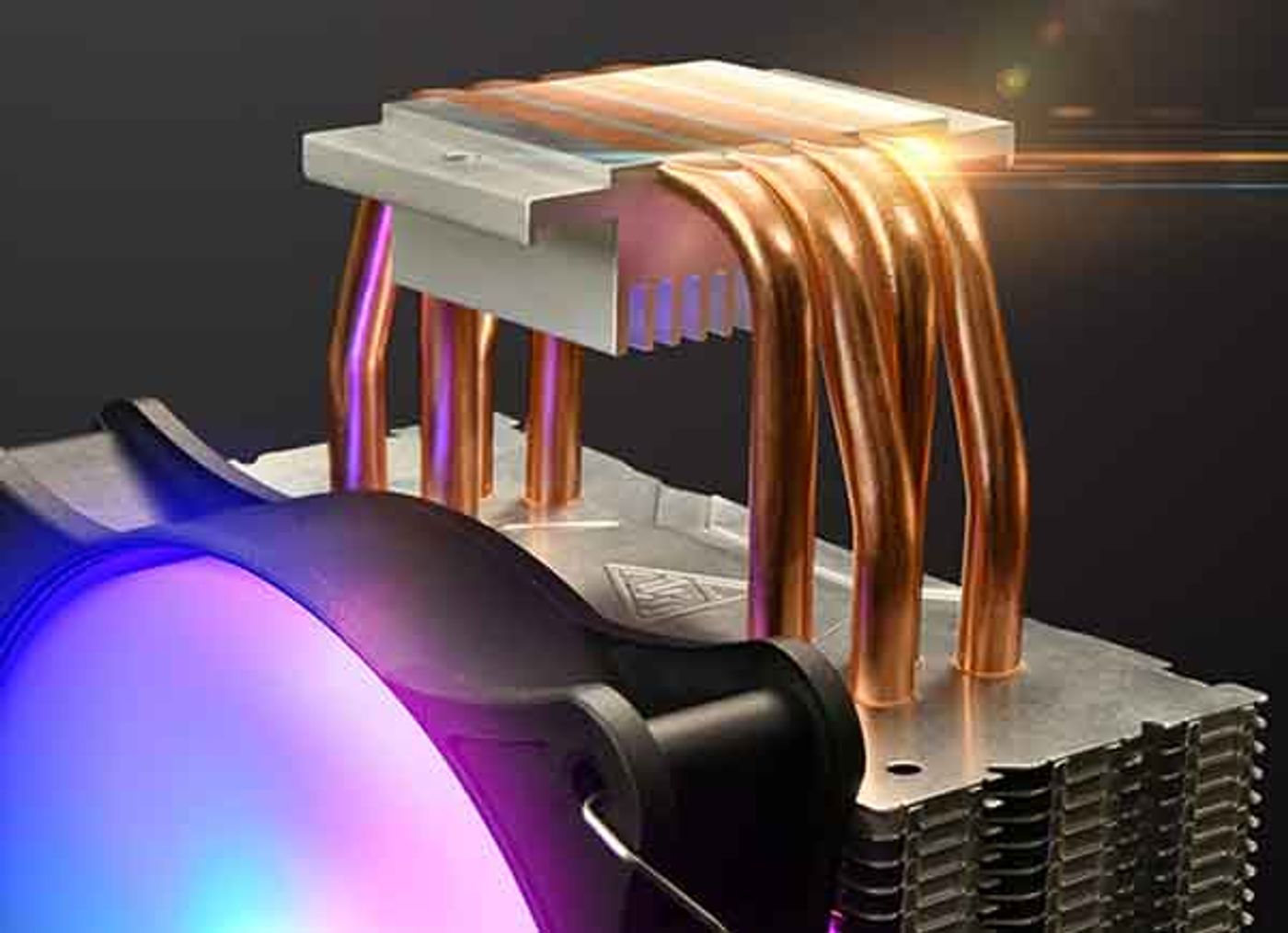 Underside of the BOREAS E1 410 LITE showing the direct-contact copper heat pipes at the CPU interface