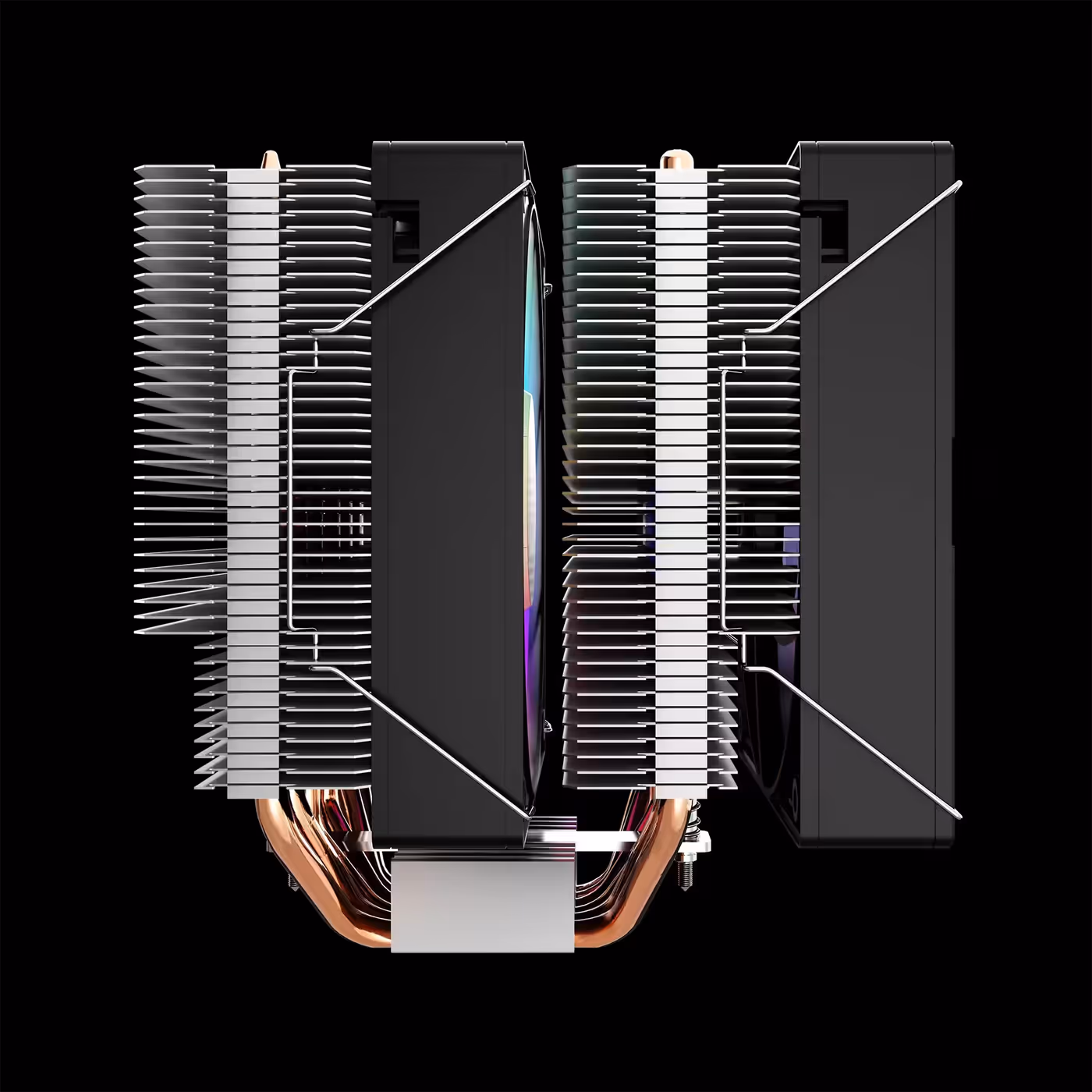 Side view of the black BOREAS M1-620 showing both fin stacks, fans and copper heat pipes