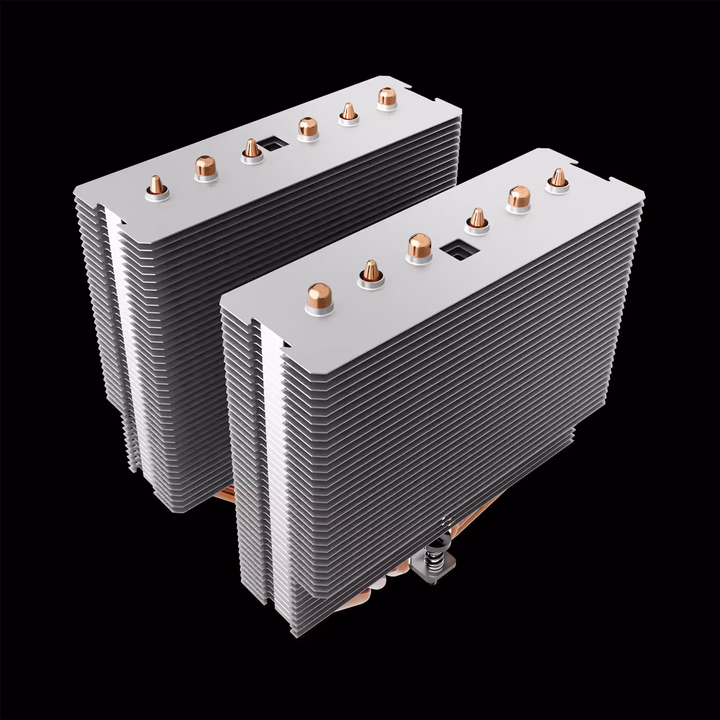 BOREAS M1-620 heatsink without fans, two silver aluminium fin stacks with heat pipe ends on top