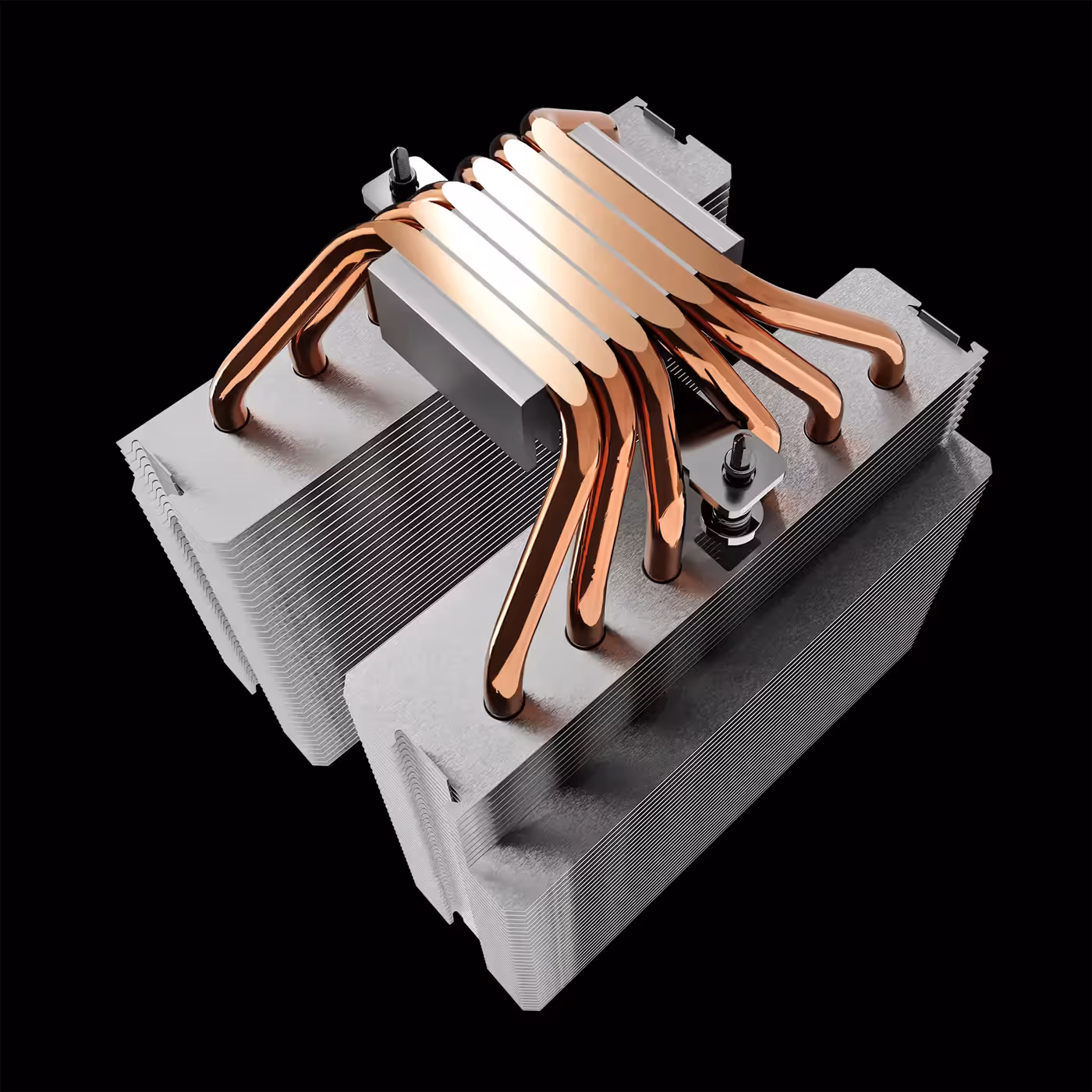Top-down view of the BOREAS M1-620 base with copper heat pipes curving into both fin stacks