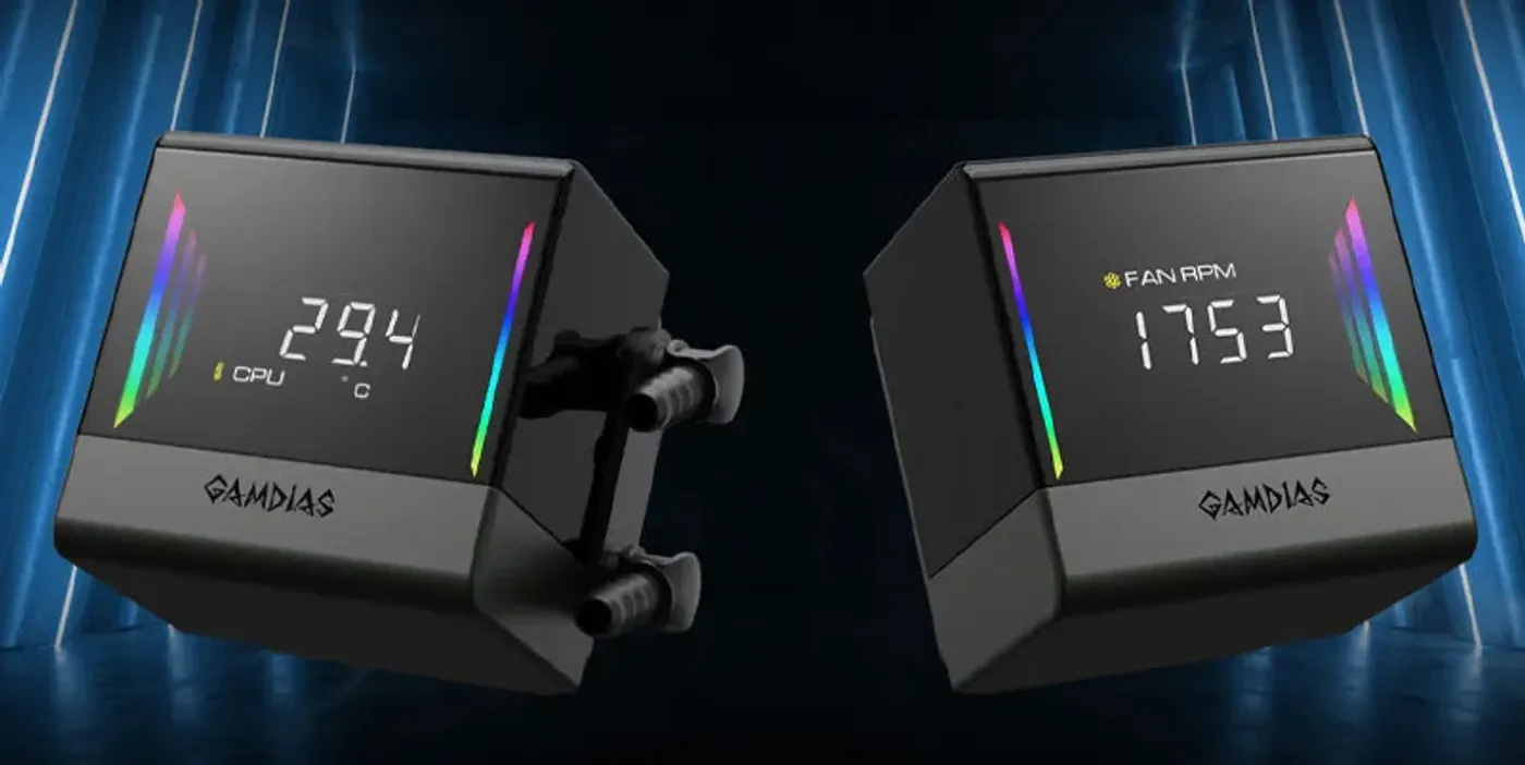 Close-up of the CHIONE E4-240 water block showing digital display and infinity mirror