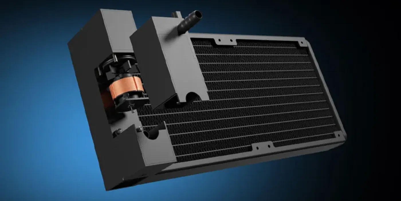Detailed view of the CHIONE E4-240 radiator-mounted patented PWM pump