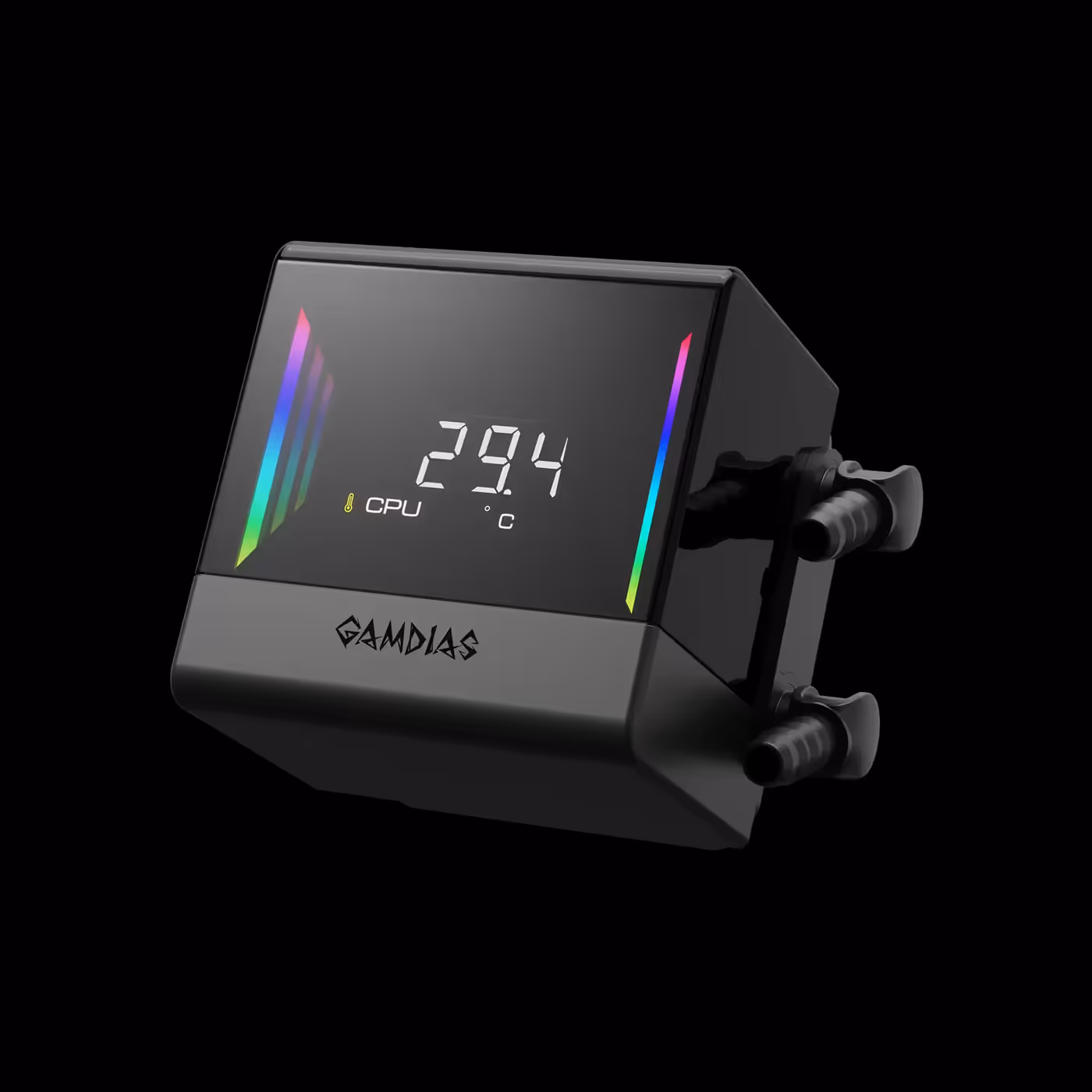 Black CHIONE E4-240 V2 water block with the digital display showing a CPU temperature reading