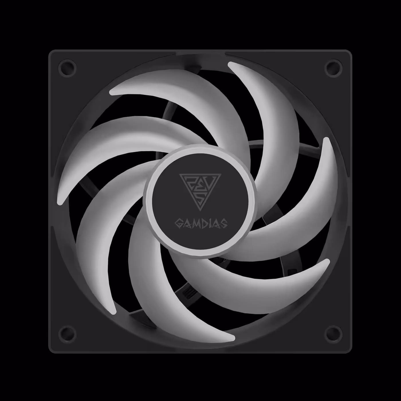 Front of a black NOTUS 120mm fan with curved grey blades and the GAMDIAS hub logo