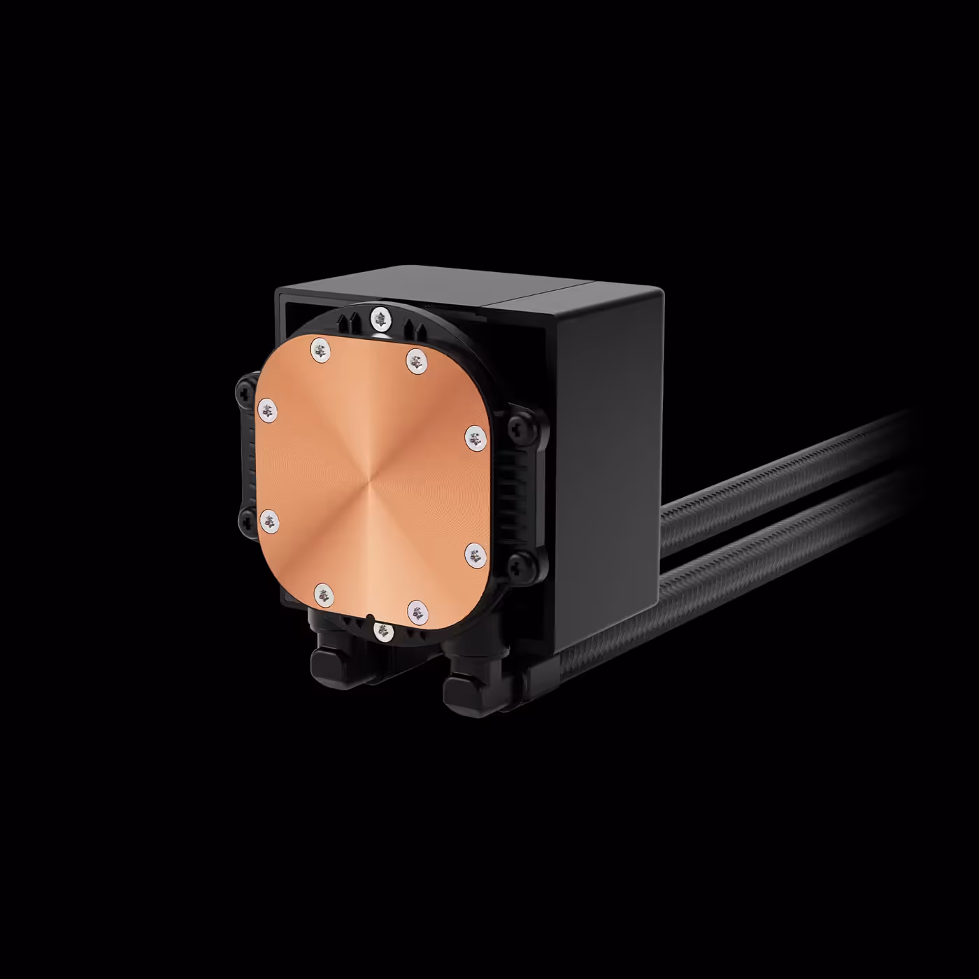 Copper base plate on the underside of the black CHIONE E4-240 V2 pump block, with sleeved black tubes