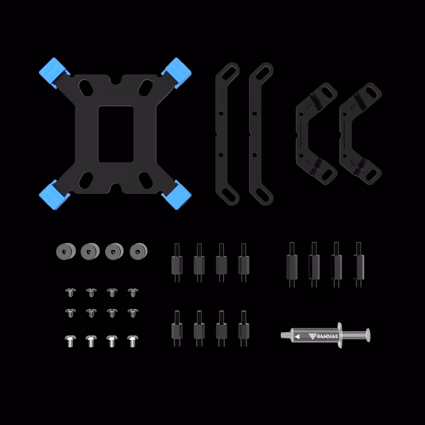 Black mounting hardware for the CHIONE E4-240 V2 laid out with a syringe of thermal grease