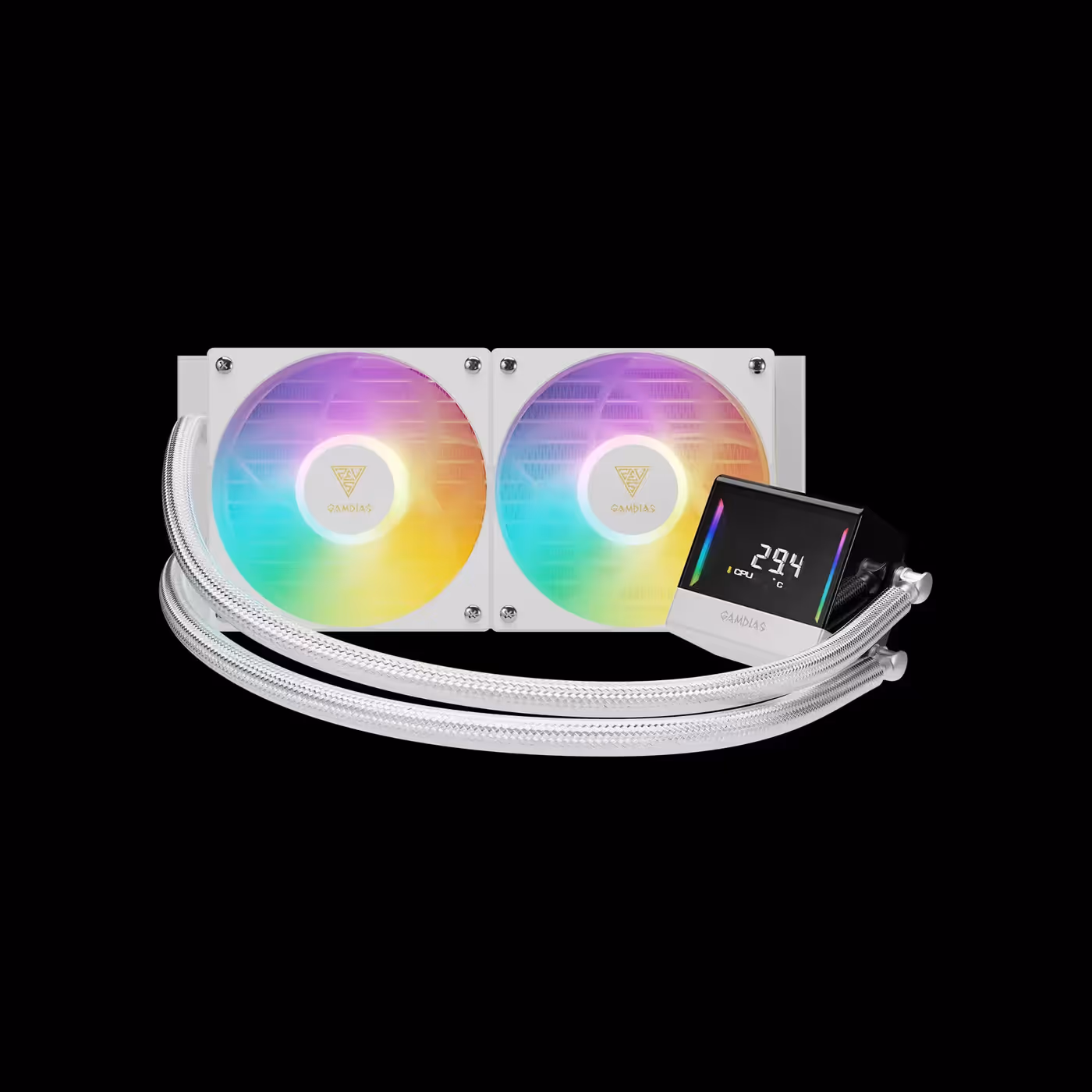 White CHIONE E4-240 V2 with two lit ARGB fans, white sleeved tubes and the display block