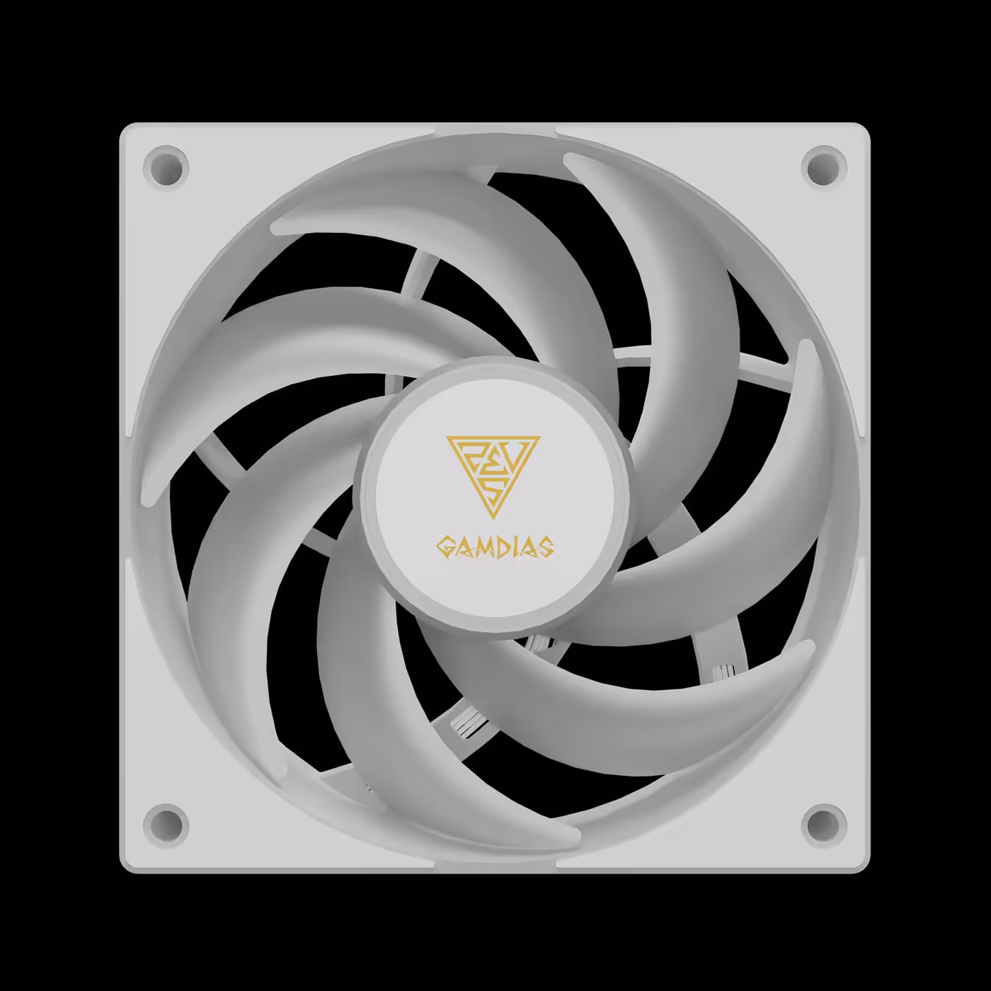Front of a white NOTUS 120mm fan with white blades and a gold GAMDIAS hub logo