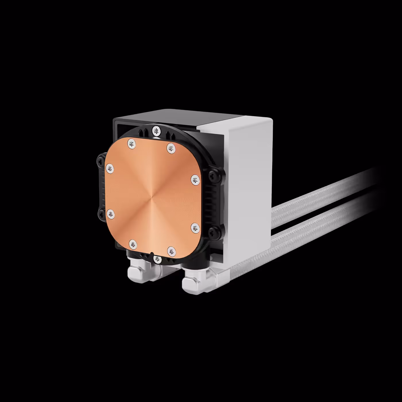 Underside of the white CHIONE E4-240 V2 block showing the copper base and white sleeved tubes