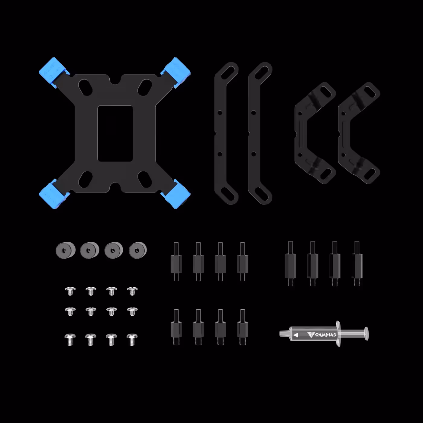 Black mounting hardware and a syringe of thermal grease supplied with the CHIONE E4-240 V2 White