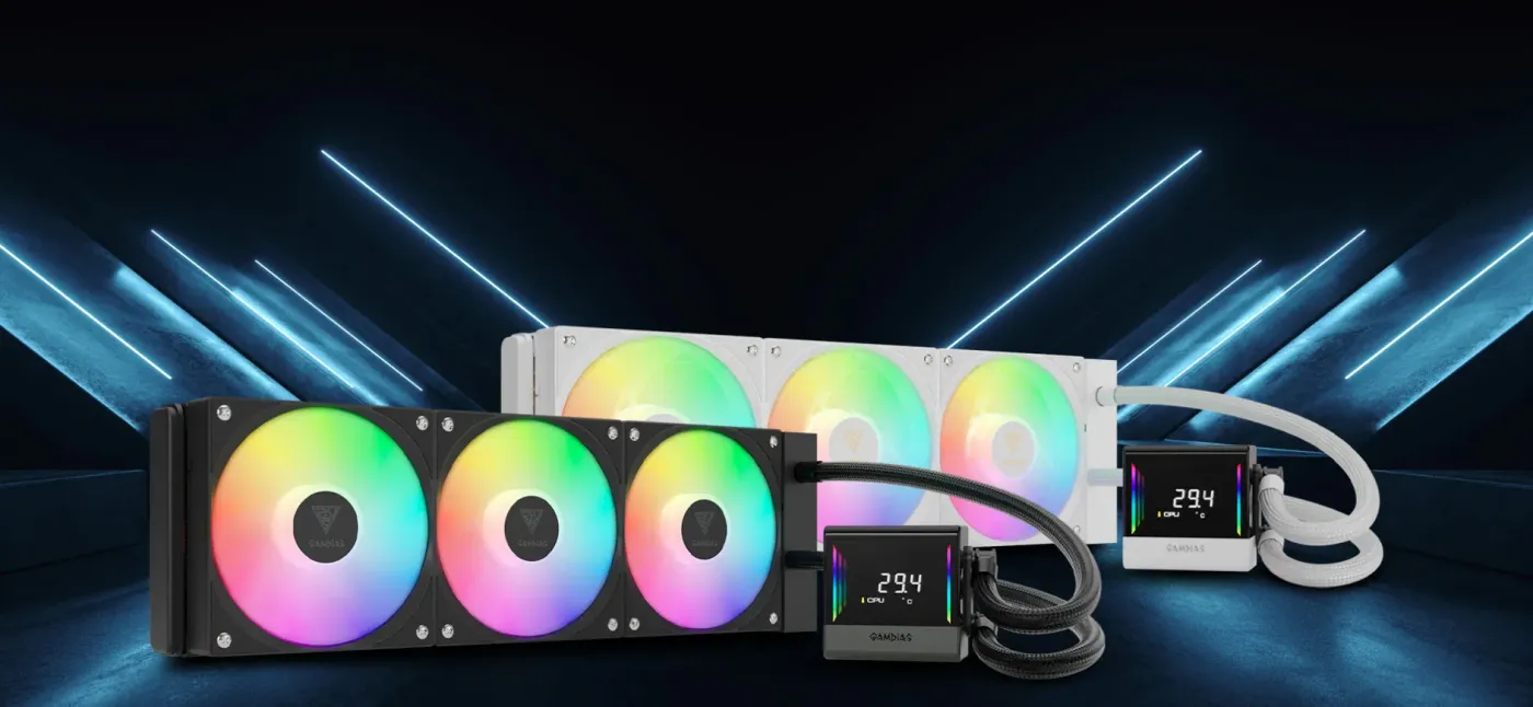 Gamdias Chione E4 liquid cooler in white with radiator, ARGB fans and water block