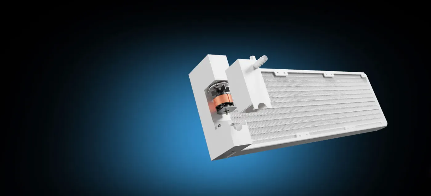 PWM pump positioned at the radiator side of the white Gamdias Chione cooler