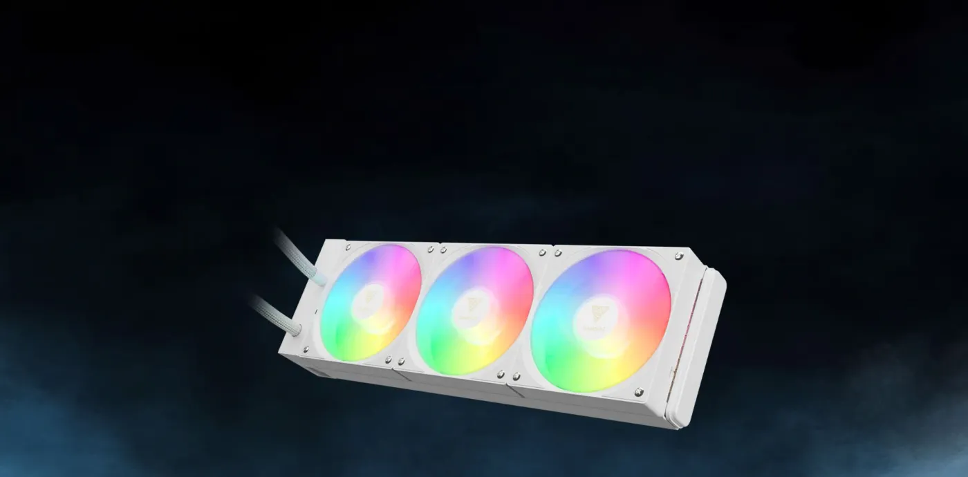 Hydraulic bearing PWM radiator fans with RGB lighting on the white Chione cooler