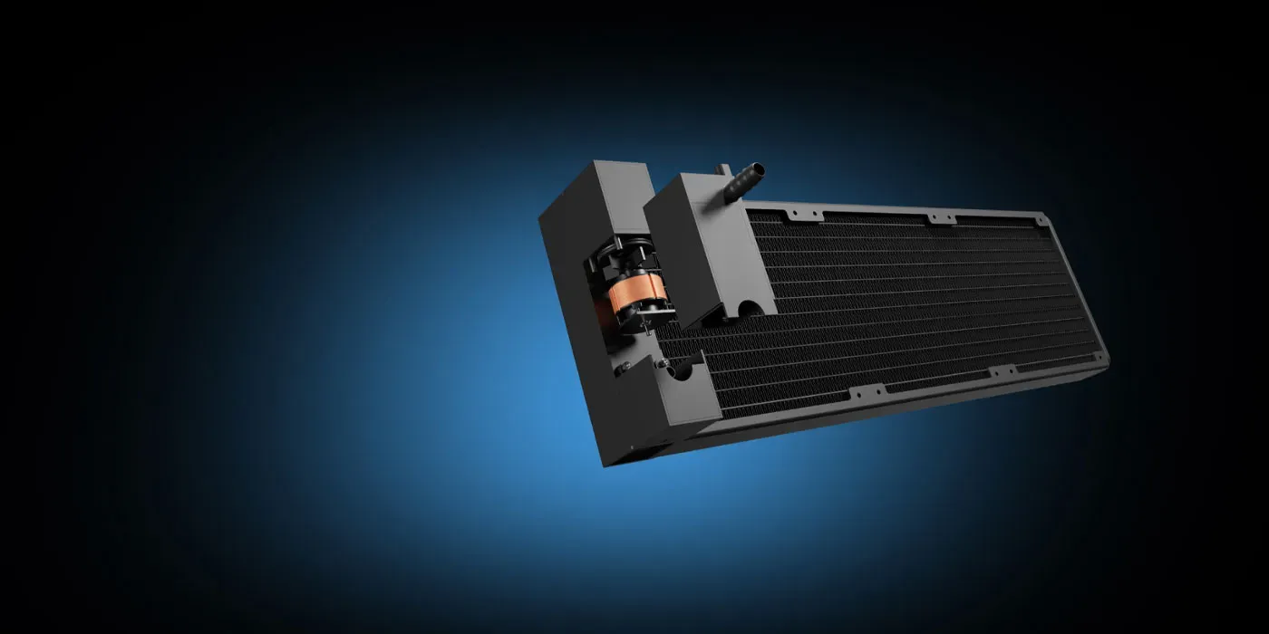 Chione E4-360 PWM pump mounted at the side of the radiator